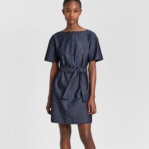 Theory classic denim belted shift dress with keyhole neckline